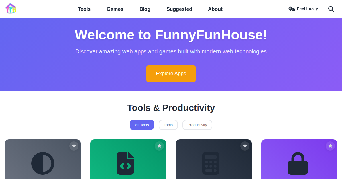 FunnyFunHouse homepage showing a grid of available apps and games