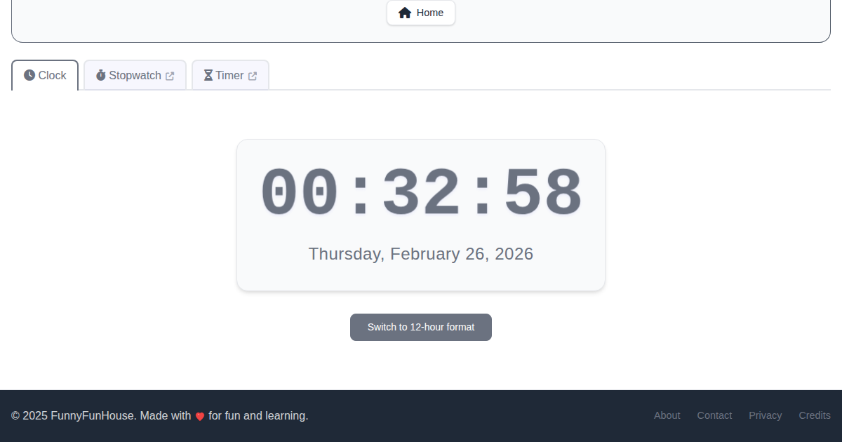 The FunnyFunHouse Clock app displaying the current time in a clean interface