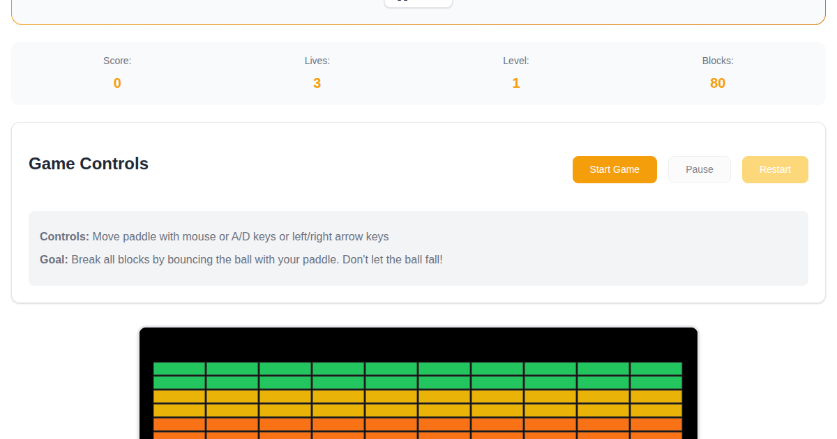 Breakout game with colorful brick rows on FunnyFunHouse