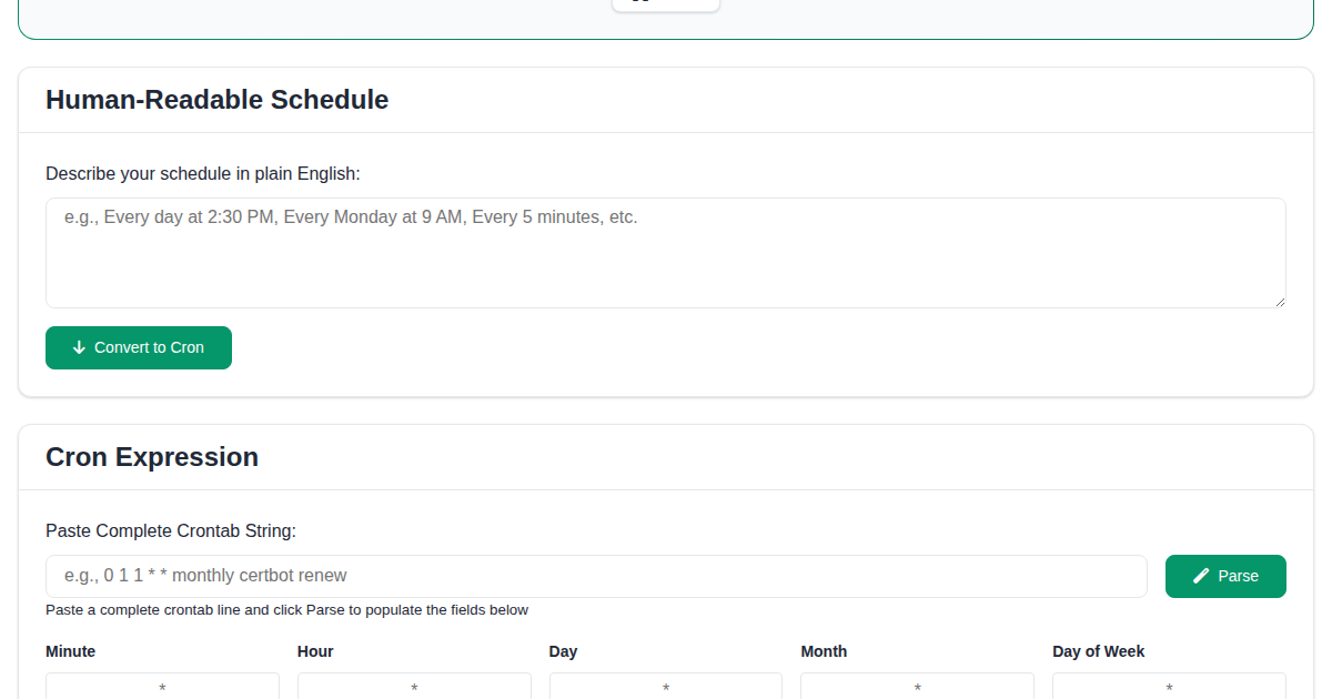 FunnyFunHouse Cron Wizard building a cron schedule visually
